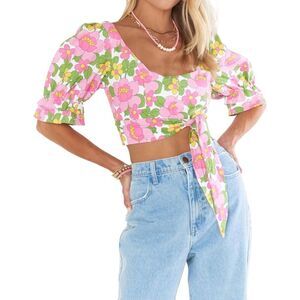 Show Me Your Mumu Women's Linen Blend Floral Summer Crop Top XS Flirty Vibrant